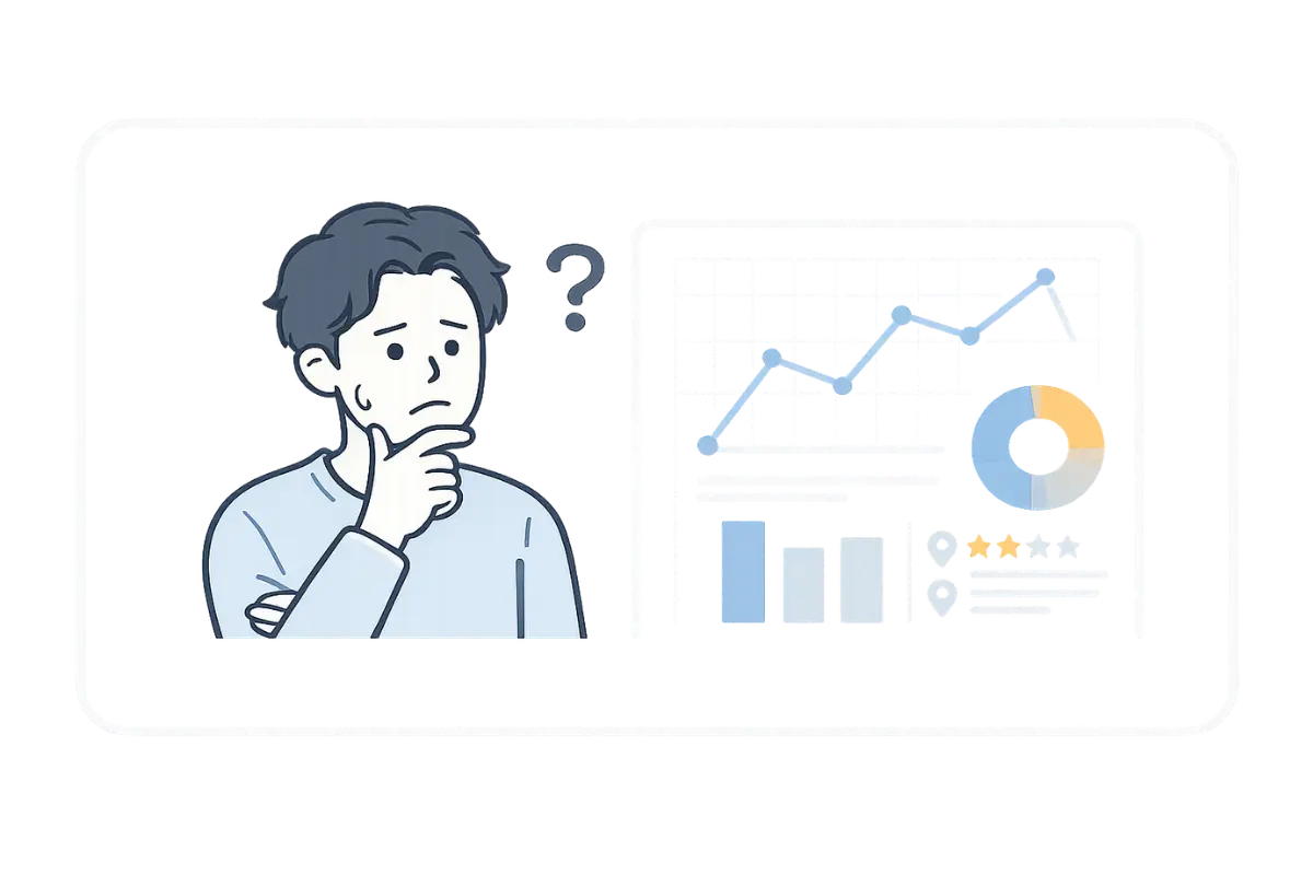 Googleマップ順位や競合分析の改善点が見えず悩む店舗経営者のイメージ