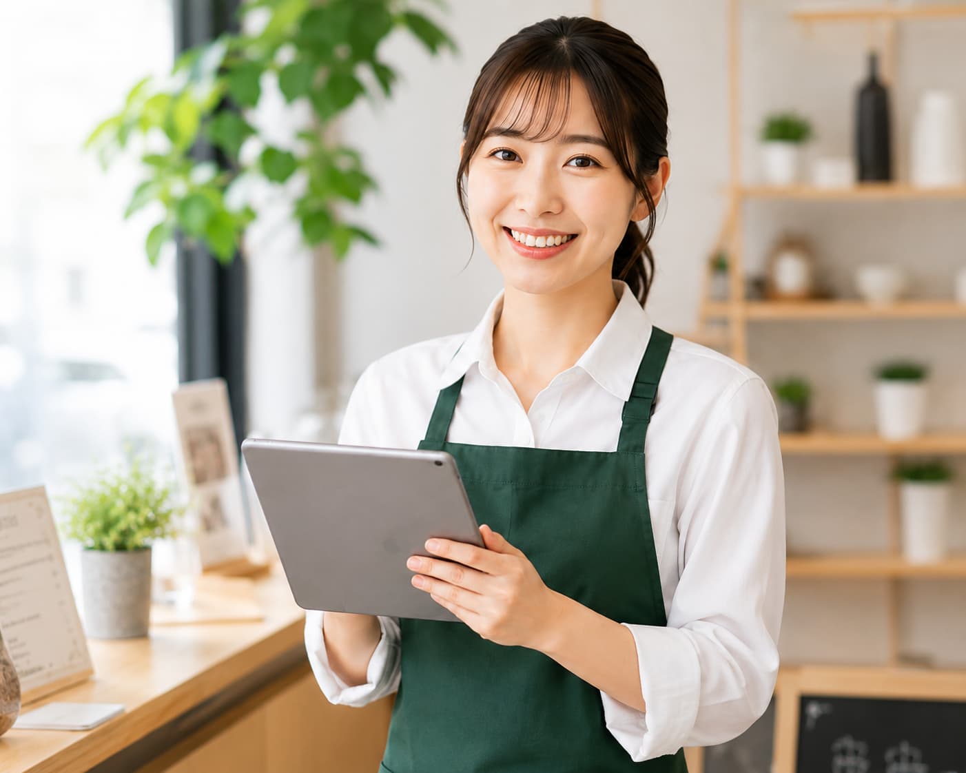 タブレットを持って店舗集客を確認するスタッフ