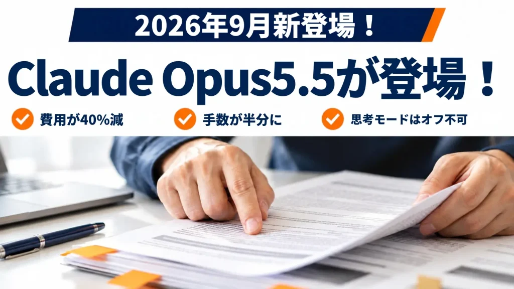 分厚い紙の束と薄い1枚が机に並び、手が薄いほうを持ち上げているClaude Opus 5.5解説記事のバナー