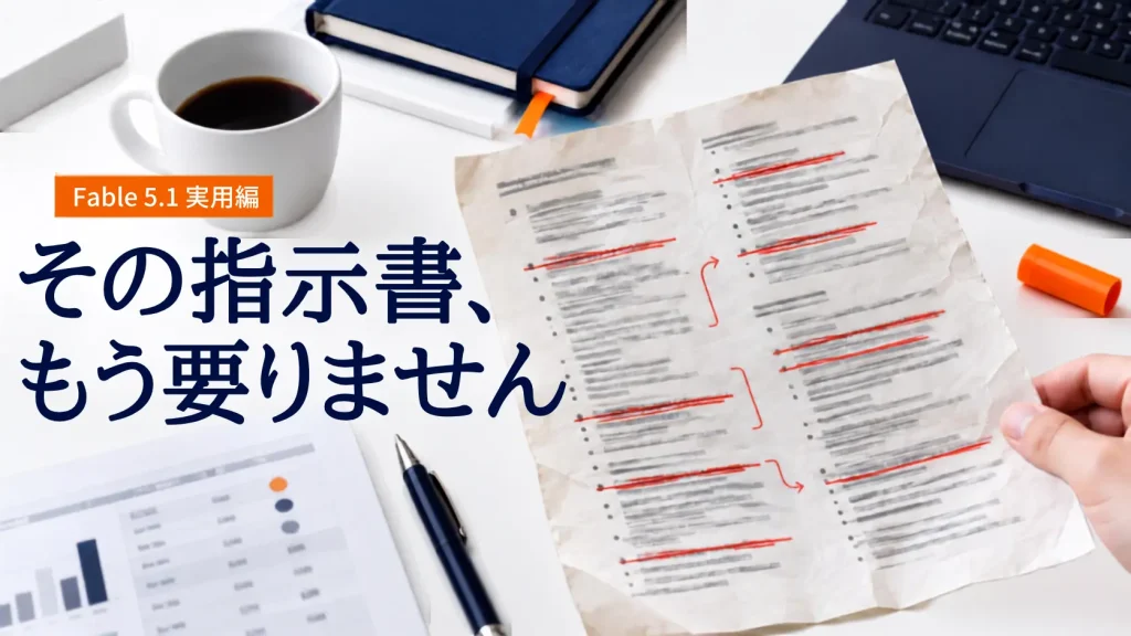 「その指示書、もう要りません」と書かれた、赤で行を消した指示書のバナー