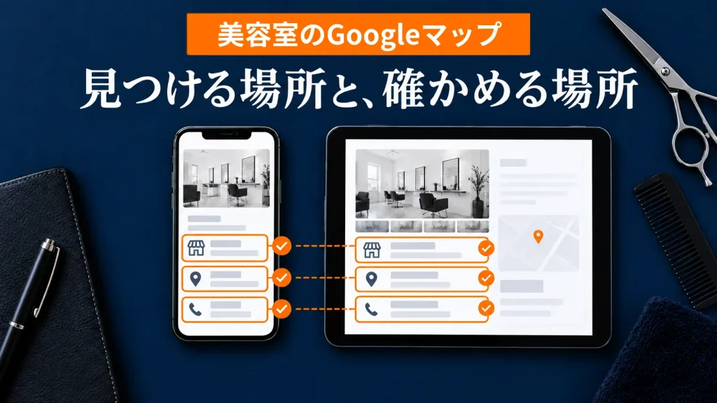 スマートフォンとタブレットに出た店舗情報を、真上から見比べている美容室のMEO記事のバナー